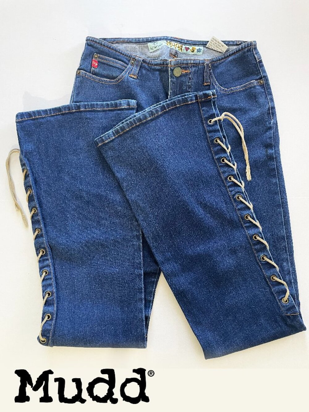 Rare Mudd Blue Denim Jeans w/Side Lace Up & Wide Flare Legs Vintage Size 5 EUC